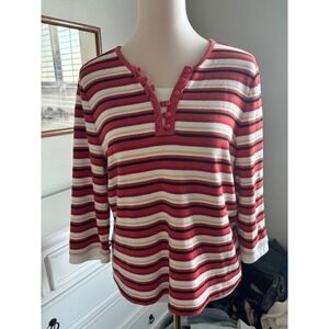 Breckenridge Striped Henley Top Red White Black 3/4 Sleeve Knit Shirt Medium